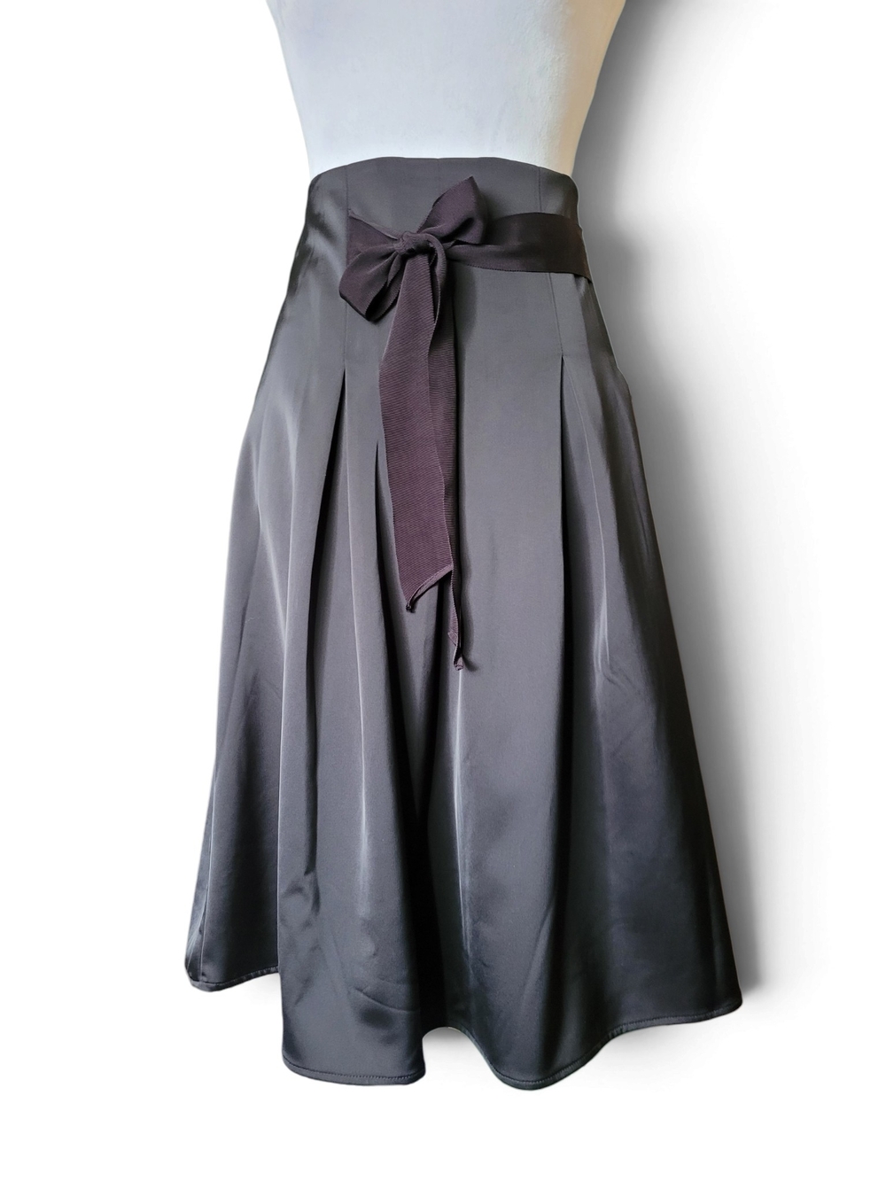 Tristan Formal Black Satin A-Line Midi Skirt with Ribbon Tie Size 12